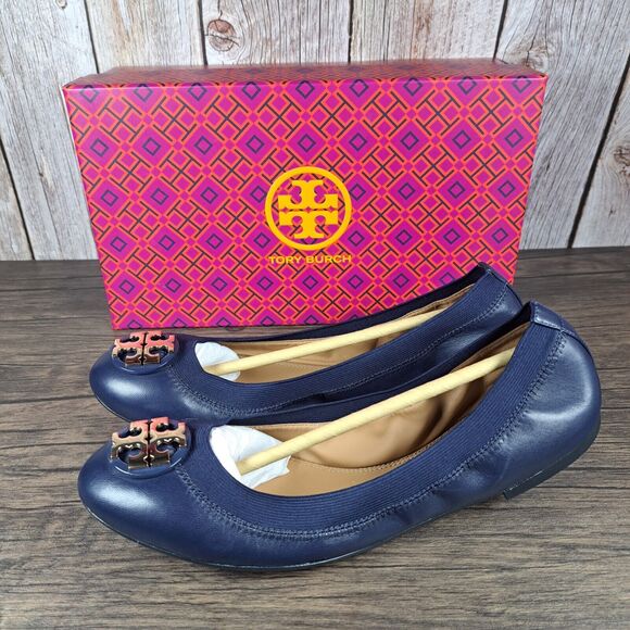 Tory Burch Nappa Claire Elastic Ballet Flats Women's Sz 9 M Royal Navy Gold - Picture 1 of 8